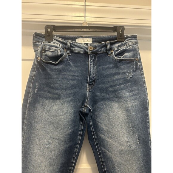 KanCan Mid Rise Tapered Leg Jeans Size 13/30 Dark Wash Stretch Denim Frayed Hem - Picture 2 of 7